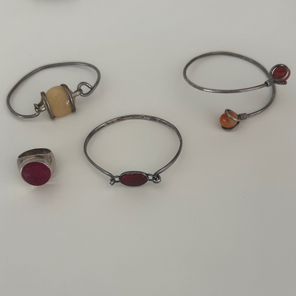 Sterling Silver Red and Amber Stone Bangle and Ring Set